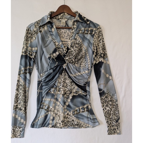 Vintage 90s Cache XS Top Long Sleeve Diamond Chain Print Twist Front Mob Wife - Picture 1 of 7